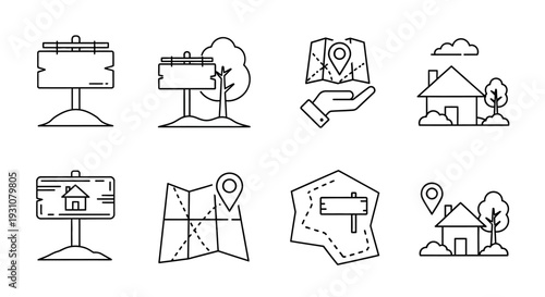 Collection of simple line icons representing navigation and location markers on digital devices and maps, illustrating modern mapping technology and spatial awareness.