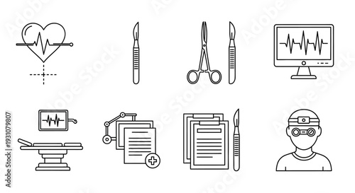 Medical icons collection featuring healthcare symbols and medical tools displayed on a clean white background from a straightforward front viewpoint
