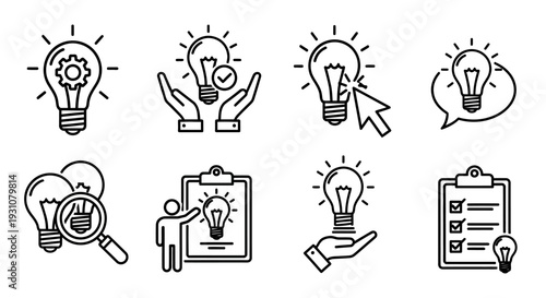 Collection of simple line icons representing innovation and idea generation concepts including light bulbs and hands