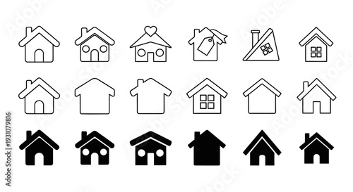 Collection of simple house icons in various styles and designs on a plain background from a straightforward viewpoint