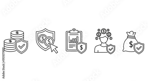 Financial security and savings icons depicting protection, finance, and wealth in a simple line art style