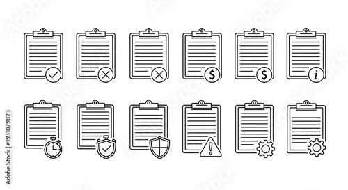 A collection of clipboards with various icons symbolizing different tasks and documents from a professional or organizational viewpoint