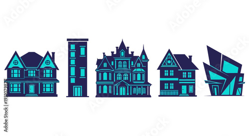 Illustration of diverse architectural styles showcasing various house designs and a tower in a stylized urban landscape setting from a frontal viewpoint