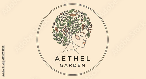 Elegant logo design featuring a womans profile with hair made of leaves and flowers.