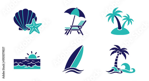 Collection of beach-themed illustrations including seashells, starfish, and palm trees, showcasing a tropical vacation atmosphere from a bird's-eye view.