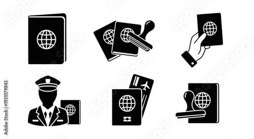 Travel documents and identity verification icons displayed in a collection of graphic illustrations.