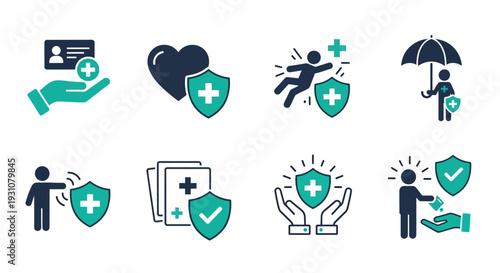 Collection of Medical and Health-related Icons Representing Protection and Care in Various Settings and Actions