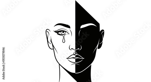Monochrome artwork portraying a woman's face split between light and shadow, illustrating