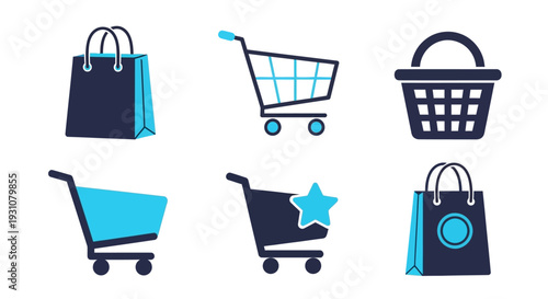 Collection of shopping icons featuring bags and carts in various styles on a clean background