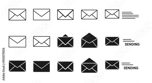 Collection of various envelope icons in different styles and states, showcasing sending and receiving, in a grid layout on a clean background from a straightforward viewpoint