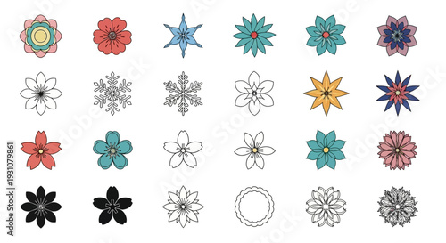 Collection of diverse flower illustrations in various colors and line styles presented in a grid pattern