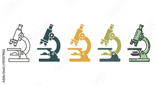A row of five microscopes in different colors arranged in a line on a plain background from a front viewpoint.