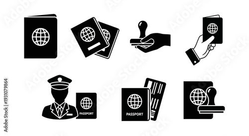 Collection of travel documents and passport icons illustrating global journey and travel preparation