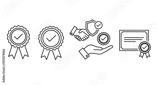 A set of black and white certification icons featuring ribbons, checkmarks, handshake, and certificate in a simple line art style