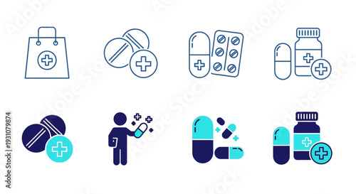 Medical icons collection featuring various medicine and health symbols in a clean and simple design style