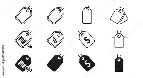 Collection of various price tag icons in different styles and designs on a clean background from a straightforward viewpoint