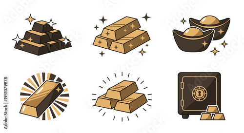 A collection of gold bars and coins displayed with safes and sparkling highlights in an illustrative style