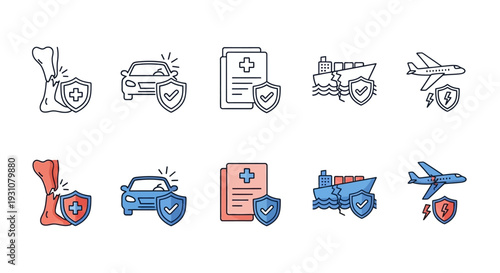 Collection of Security Icons Representing Various Modes of Transport and Documents in Different Styles and Colors