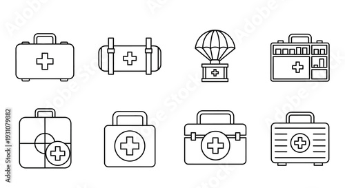 Collection of Simple Medical Kit Icons Featuring First Aid Supplies and Emergency Cases