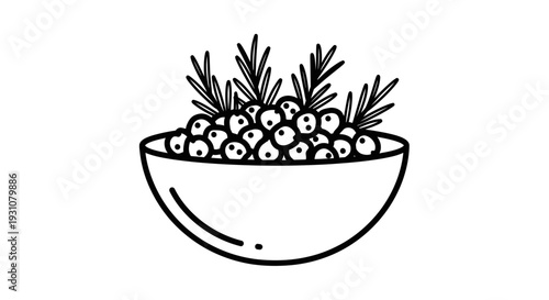 Minimalist outline illustration of a bowl filled with fresh berries and aromatic herb sprigs