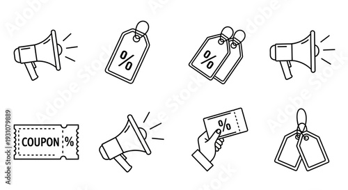 Collection of discount icons featuring megaphones, price tags, and coupons in a simple line art style