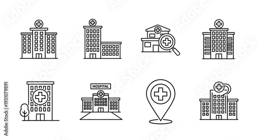 Fotografia Collection of Hospital Buildings and Medical Icons in Line Art Style