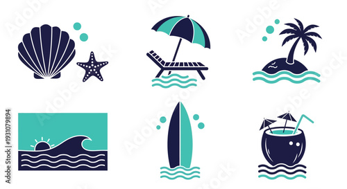 Collection of beach-themed illustrations featuring seashell, starfish, surfboard, and cocktail in a serene oceanic setting from a straightforward viewpoint