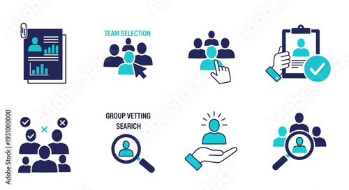 Collection of icons depicting team selection and group voting processes in a modern, simplified graphic style from a straightforward viewpoint