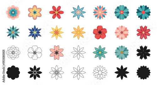 A vibrant collection of colorful flowers and abstract floral designs displayed in a grid pattern on a clean background from a straightforward viewpoint