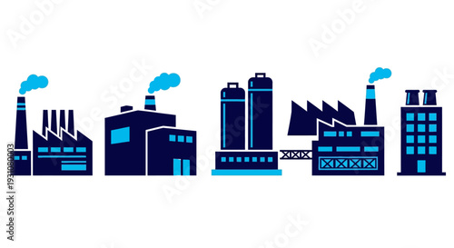 Industrial landscape with factories and smokestacks emitting smoke from various buildings and structures in a row