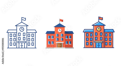 Illustrations of three distinct school buildings with clock towers and flags, showcasing architecture and educational institutions from a straightforward viewpoint.
