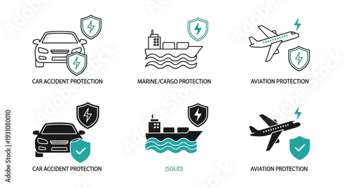 Various modes of transportation protected by insurance shields and checks, illustrating comprehensive coverage for vehicles, cargo, and aviation assets.