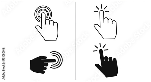 A set of four hand icons illustrating various clicking actions with different visual effects in a grid layout