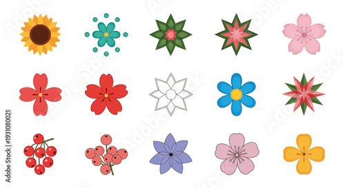 A vibrant collection of diverse flower illustrations in various styles and colors, showcasing petals and botanicals.