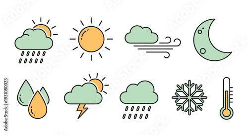 A collection of weather icons depicting various conditions such as rain, sunshine, wind, clouds, and temperature, shown from a straightforward viewpoint.