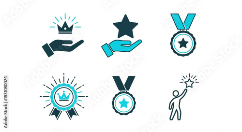 A collection of six distinct graphic illustrations depicting achievement and recognition symbols including crowns, stars, medals, and a person reaching for a star