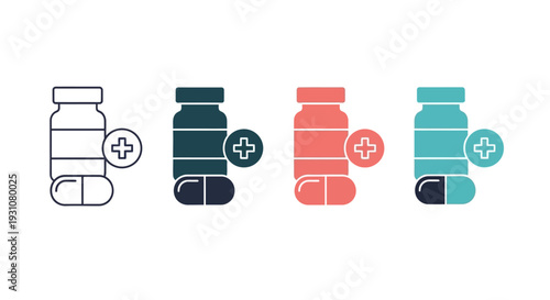 Medical supplies and pharmaceutical icons in various colors and line styles showcased in a flat design illustration on a neutral backdrop from a straightforward viewpoint