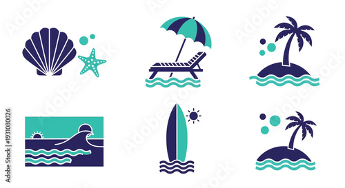 A serene beach scene with a surfer, seashell, and palm trees under a shaded umbrella, depicted in a modern, minimalist illustration style from a bird's eye view.