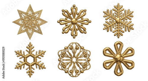 Six golden snowflakes and ornaments arranged in two rows on a plain background from a direct viewpoint