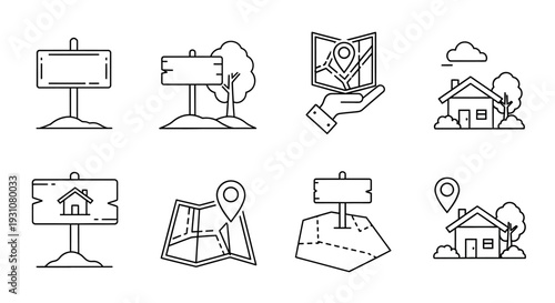Collection of simple line icons representing navigation and location on digital billboards and maps in various settings and viewpoints