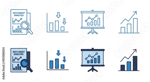 A collection of icons illustrating various business and financial data trends on presentation screens and documents from a straightforward viewpoint