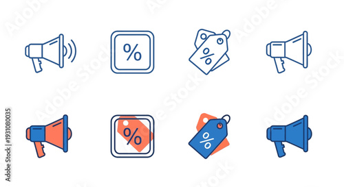 A collection of discount sale icons featuring megaphones and percentage symbols in a grid layout on a simple background viewed from directly above.