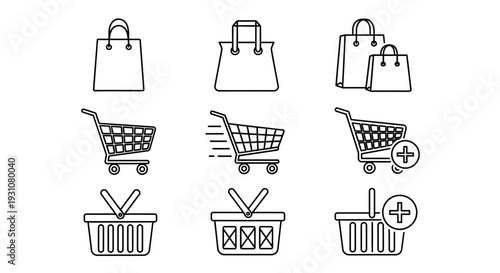 Collection of shopping bags and carts icons in simple line art style, representing retail and commerce concepts, viewed from a straightforward perspective