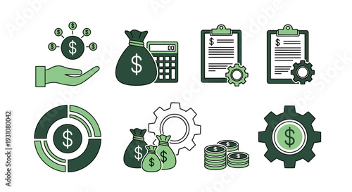 Financial icons set illustrating money management and business operations with various symbols like dollar signs, bags, and gears in a modern flat design.