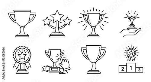 A collection of monochrome illustrations showcasing various award symbols including trophies, medals, and achievement icons displayed on a plain background from a straightforward viewpoint