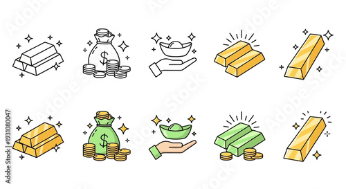Various cartoon illustrations of gold bars and hands showcasing wealth and prosperity in different scenes and styles