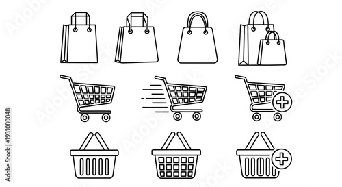 Collection of shopping bags and baskets with carts in various styles and designs
