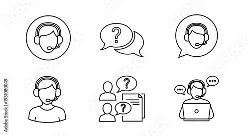 A collection of simple line icons depicting customer support representatives with headsets and various communication elements, representing technology, service, and assistance.