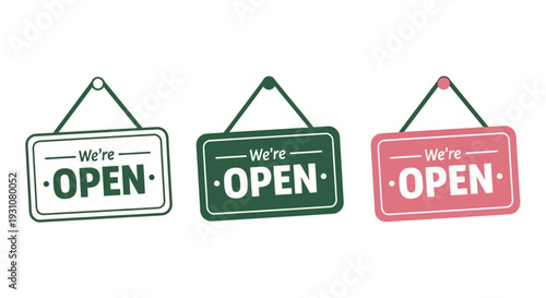 Three colorful 'We're Open' signs hanging from above, showcasing different hues and designs in a row