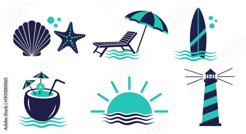 Summer vacation icons collection featuring beach, vacation, sea, leisure, and travel elements